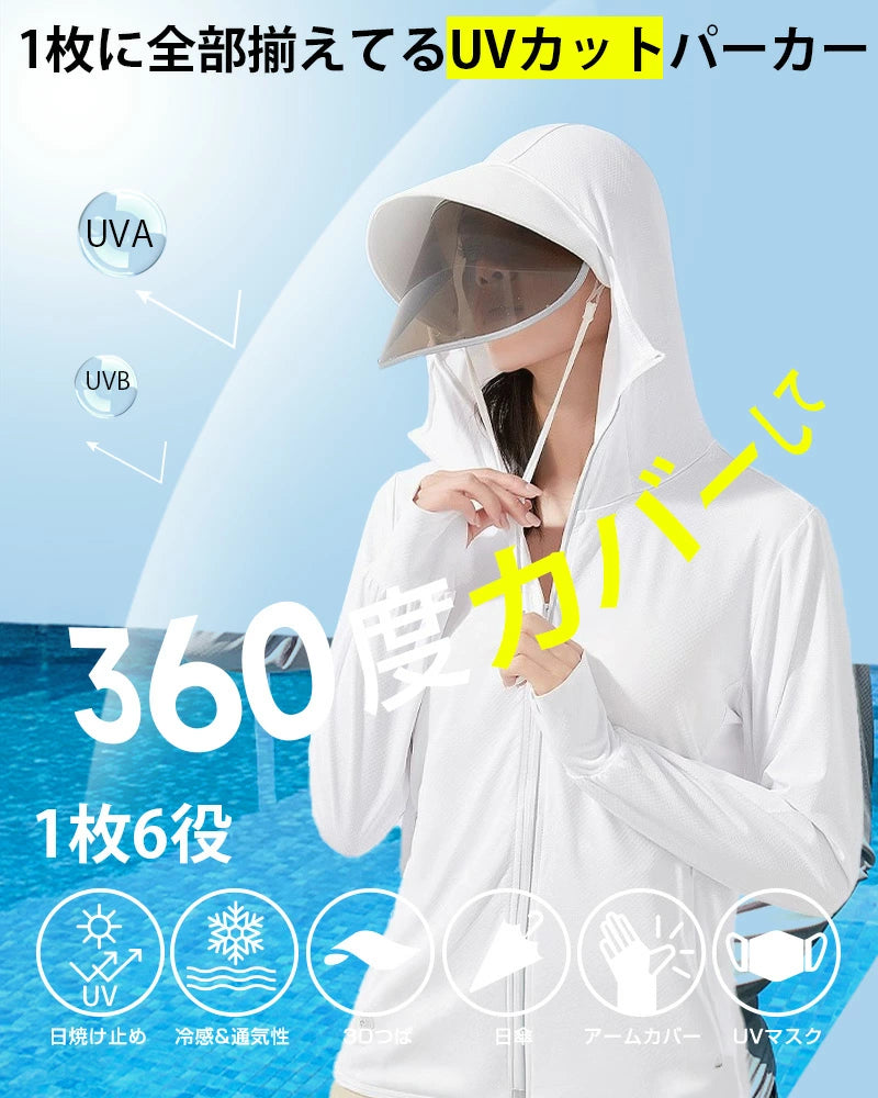 男女兼用 メッシュ 通気口 紫外線対策パーカー フェイス 指穴付きラッシュガード
