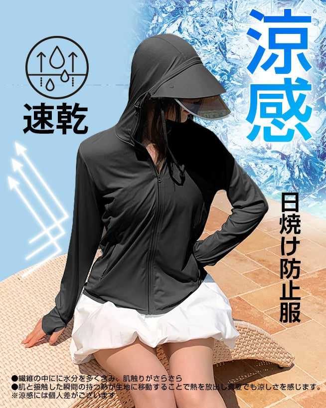 男女兼用 メッシュ 通気口 紫外線対策パーカー フェイス 指穴付きラッシュガード