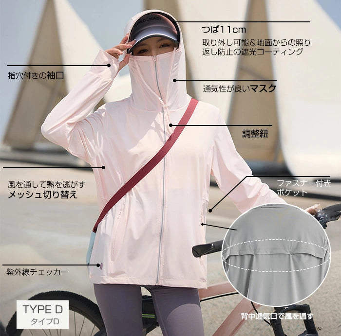 男女兼用 メッシュ 通気口 紫外線対策パーカー フェイス 指穴付きラッシュガード