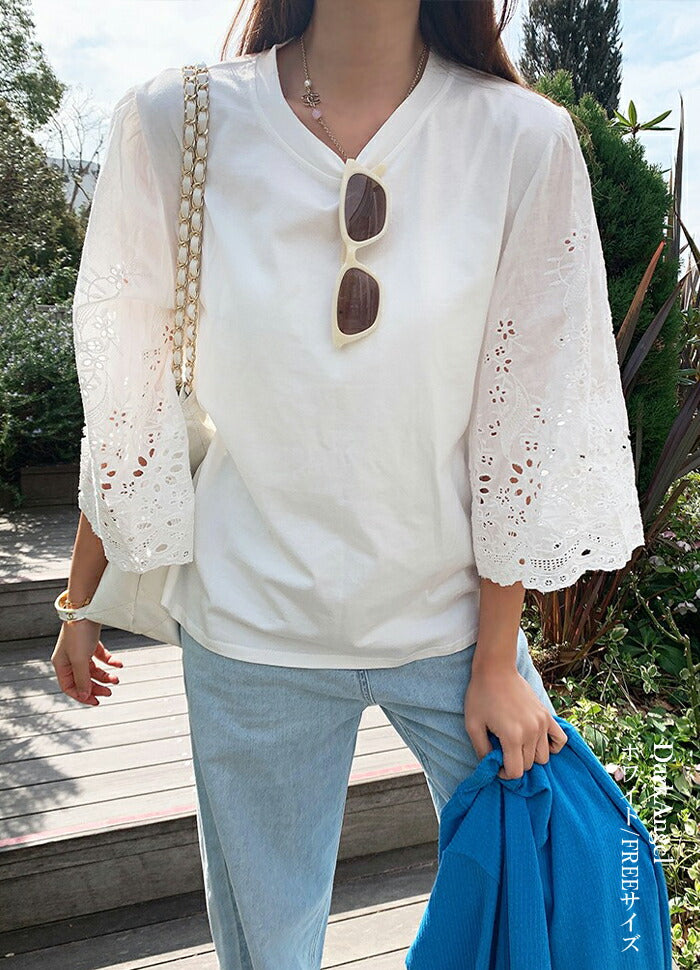 コットンレーススリーブTシャツ