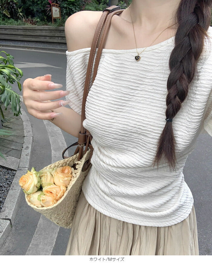 クレープ加工ワンショルダーアシメトップス