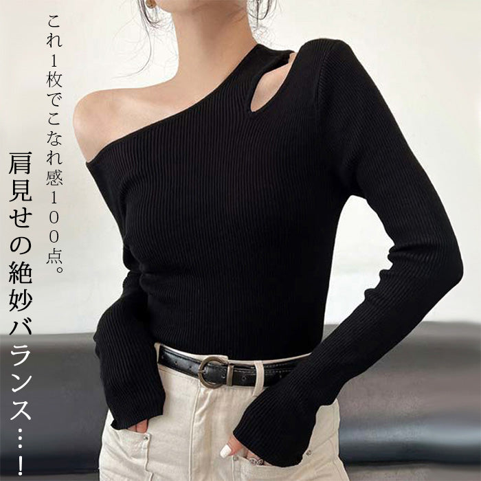 アシメネックリブニットトップス