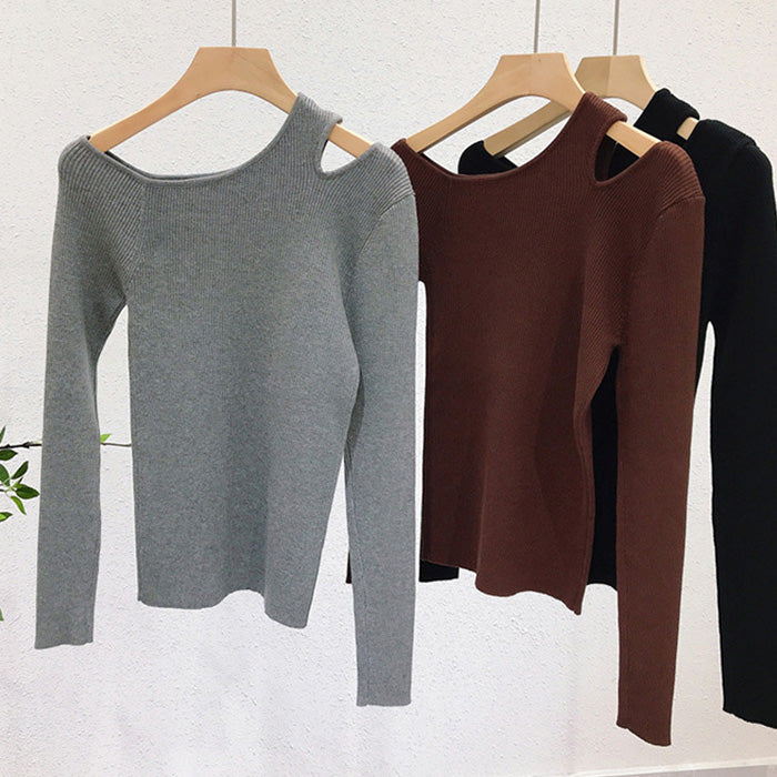 アシメネックリブニットトップス