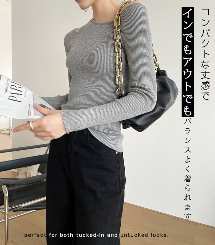 アシメネックリブニットトップス