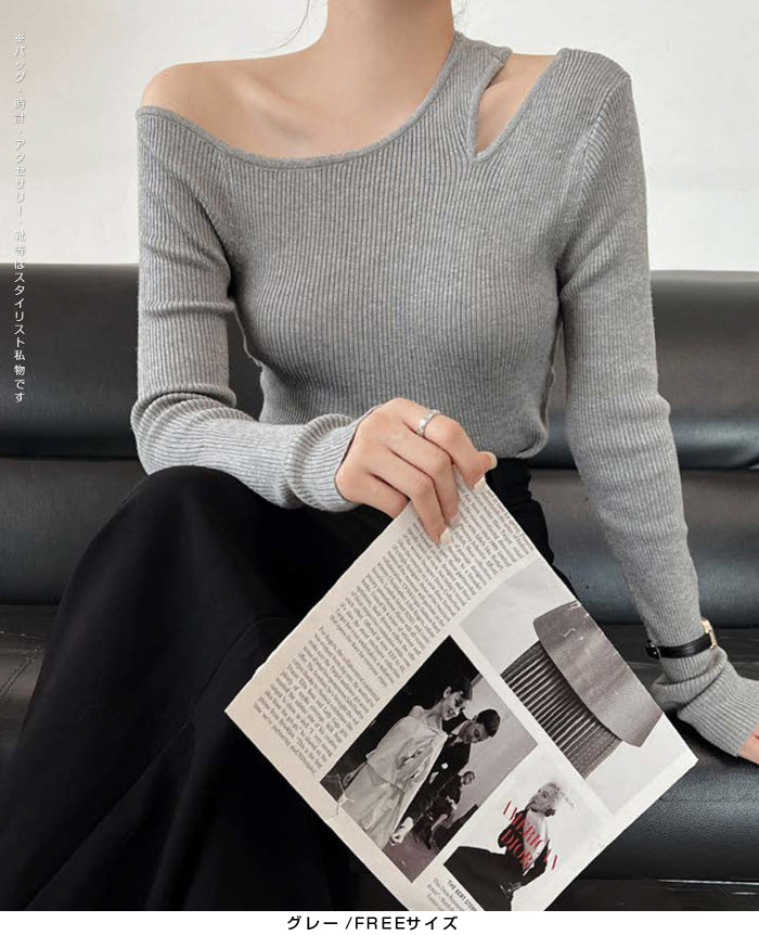 アシメネックリブニットトップス