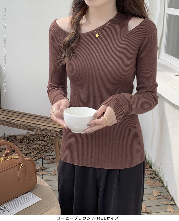 アシメネックリブニットトップス
