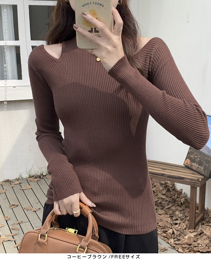 アシメネックリブニットトップス