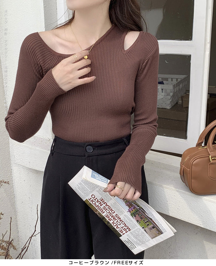 アシメネックリブニットトップス