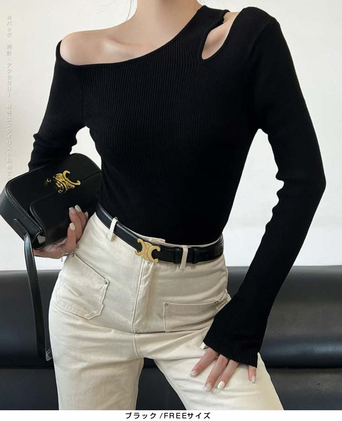 アシメネックリブニットトップス