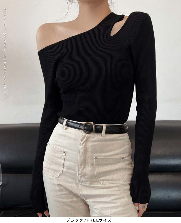 アシメネックリブニットトップス