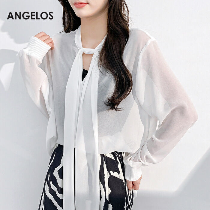 リボンタイ付きスタンドカラーリブ袖ブラウス