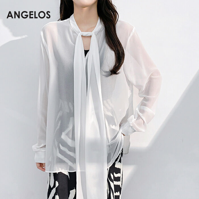 リボンタイ付きスタンドカラーリブ袖ブラウス