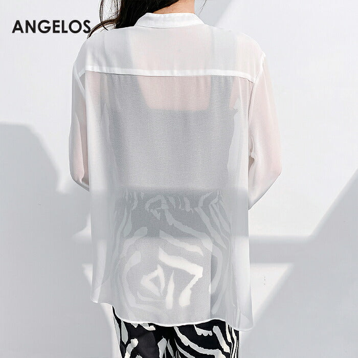 リボンタイ付きスタンドカラーリブ袖ブラウス