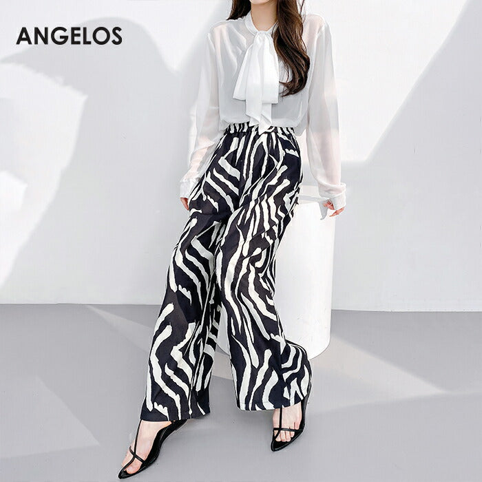 リボンタイ付きスタンドカラーリブ袖ブラウス