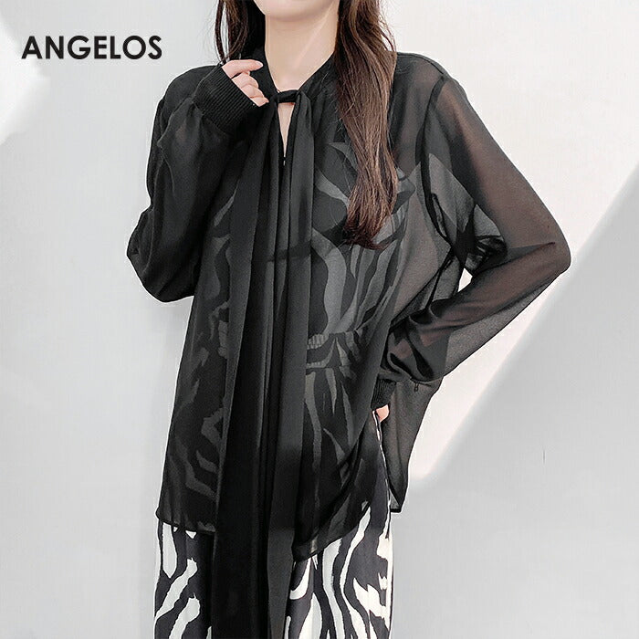 リボンタイ付きスタンドカラーリブ袖ブラウス