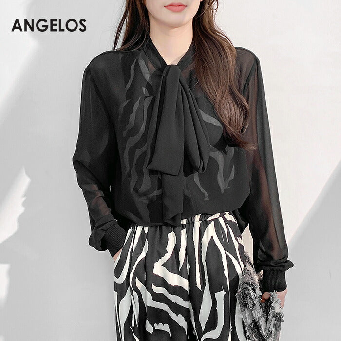 リボンタイ付きスタンドカラーリブ袖ブラウス