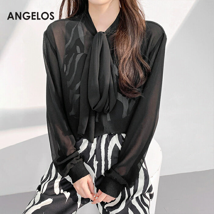 リボンタイ付きスタンドカラーリブ袖ブラウス