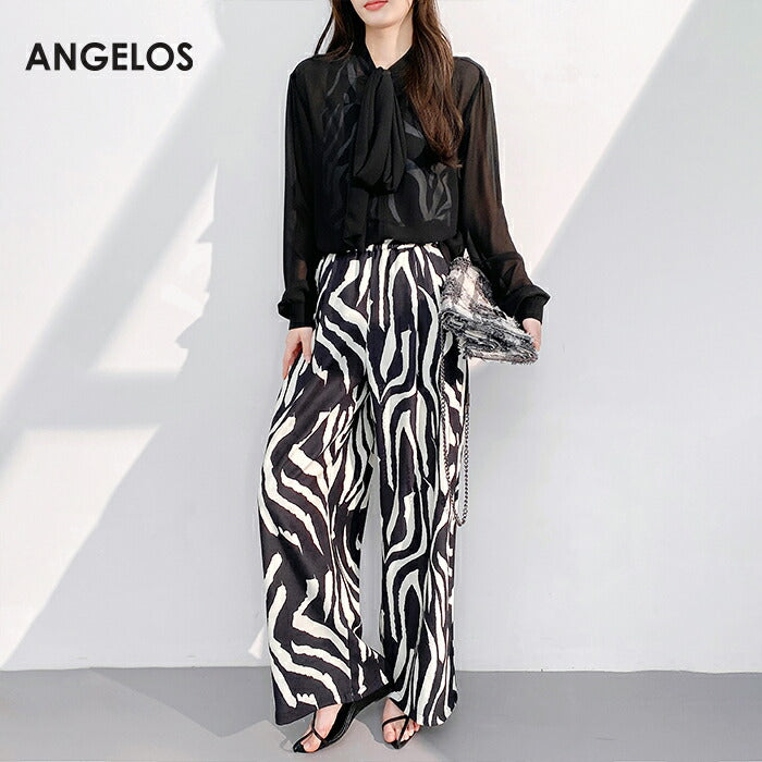 リボンタイ付きスタンドカラーリブ袖ブラウス