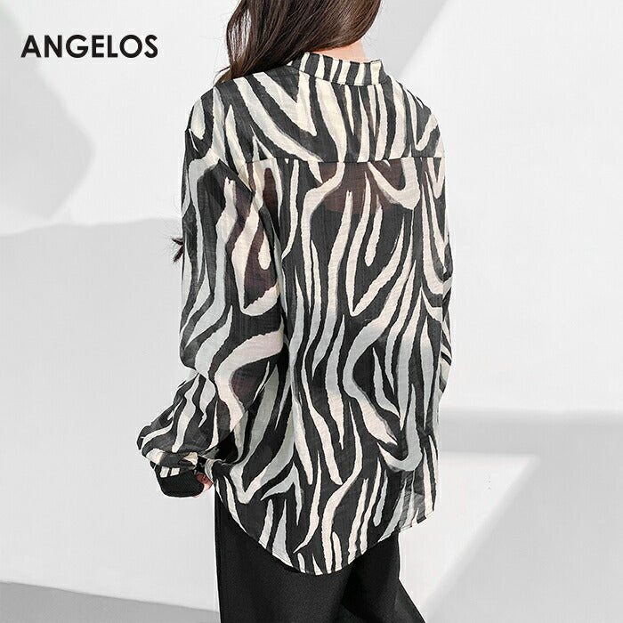 リボンタイ付きスタンドカラーリブ袖ブラウス