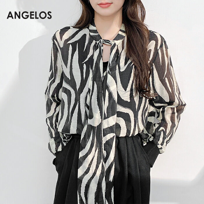 リボンタイ付きスタンドカラーリブ袖ブラウス