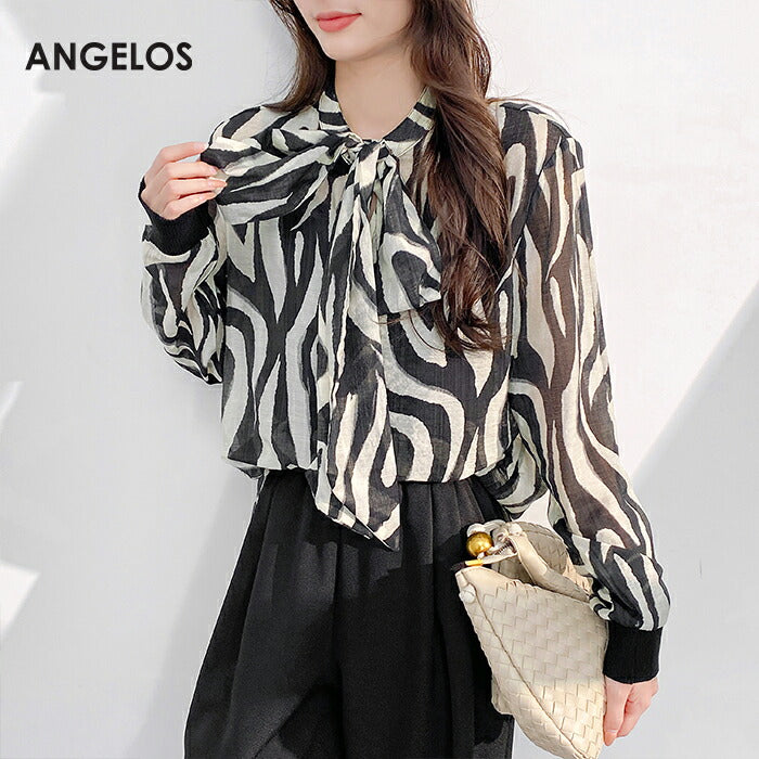 リボンタイ付きスタンドカラーリブ袖ブラウス