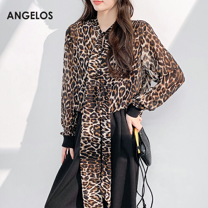 リボンタイ付きスタンドカラーリブ袖ブラウス