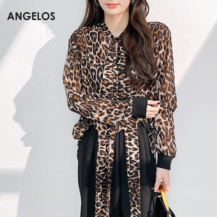 リボンタイ付きスタンドカラーリブ袖ブラウス