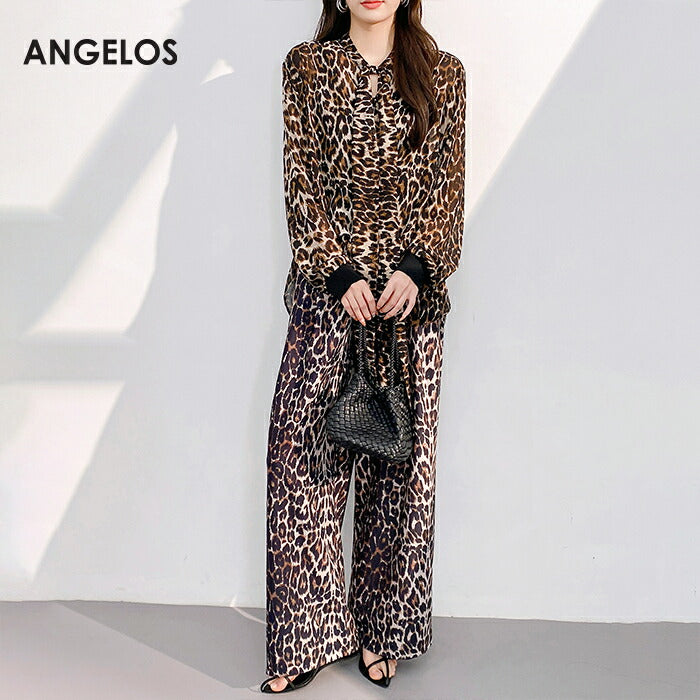 リボンタイ付きスタンドカラーリブ袖ブラウス