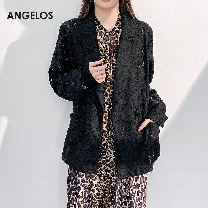 リボンタイ付きスタンドカラーリブ袖ブラウス