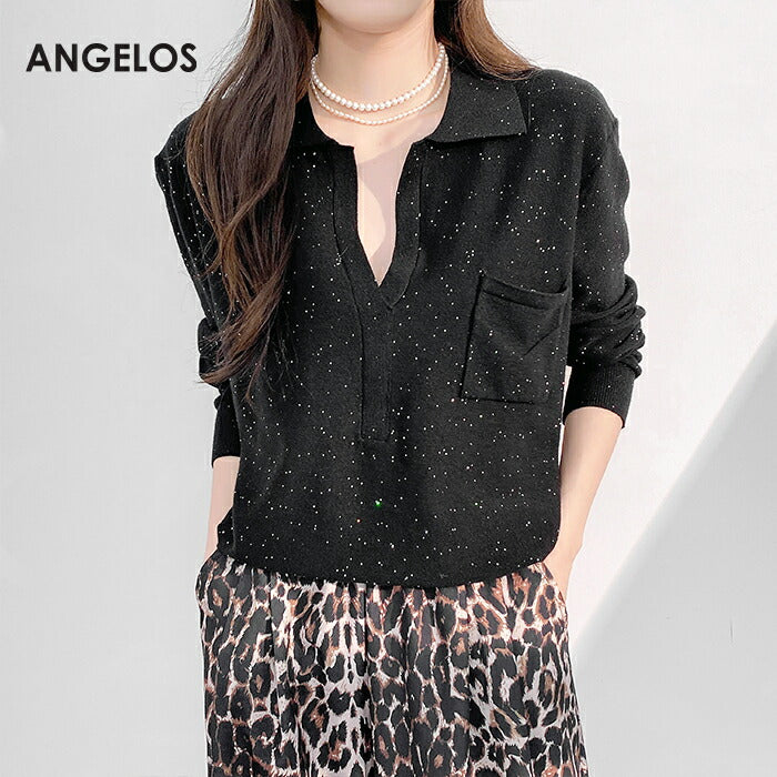 スパンコールオープンカラーニット