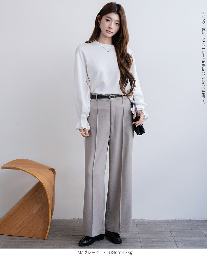 リネン風ピンタック入りワイドパンツ