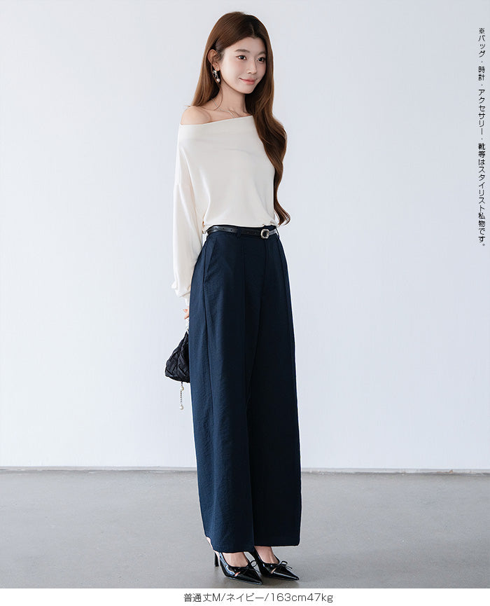 リネン風ピンタック入りワイドパンツ