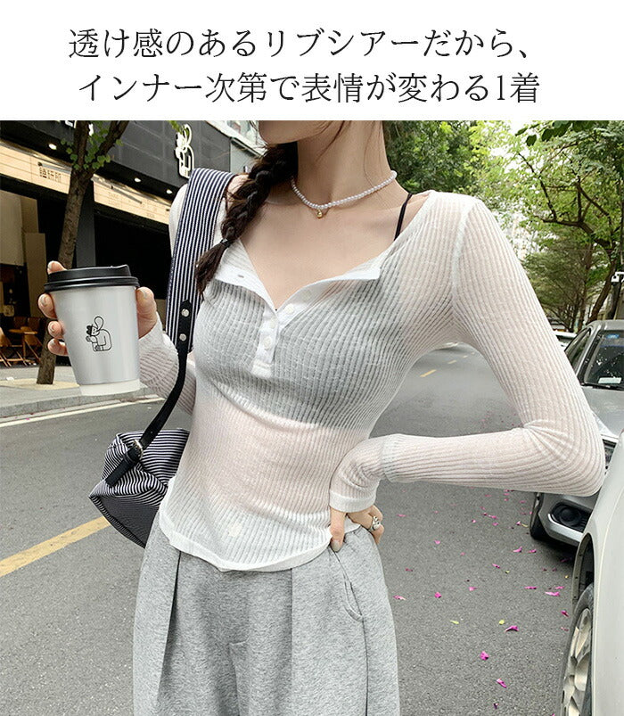 リブシアーヘンリーネックトップス