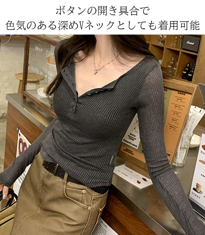 リブシアーヘンリーネックトップス