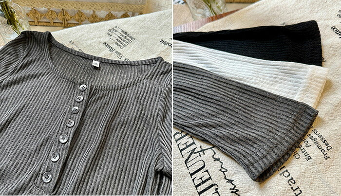 リブシアーヘンリーネックトップス