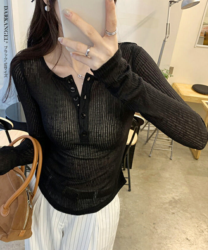 リブシアーヘンリーネックトップス