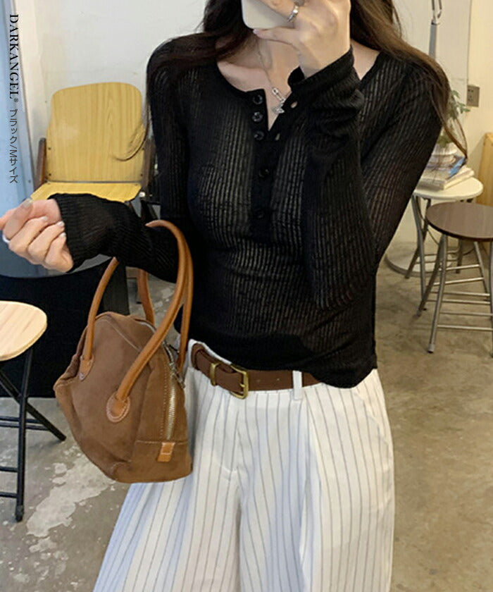 リブシアーヘンリーネックトップス