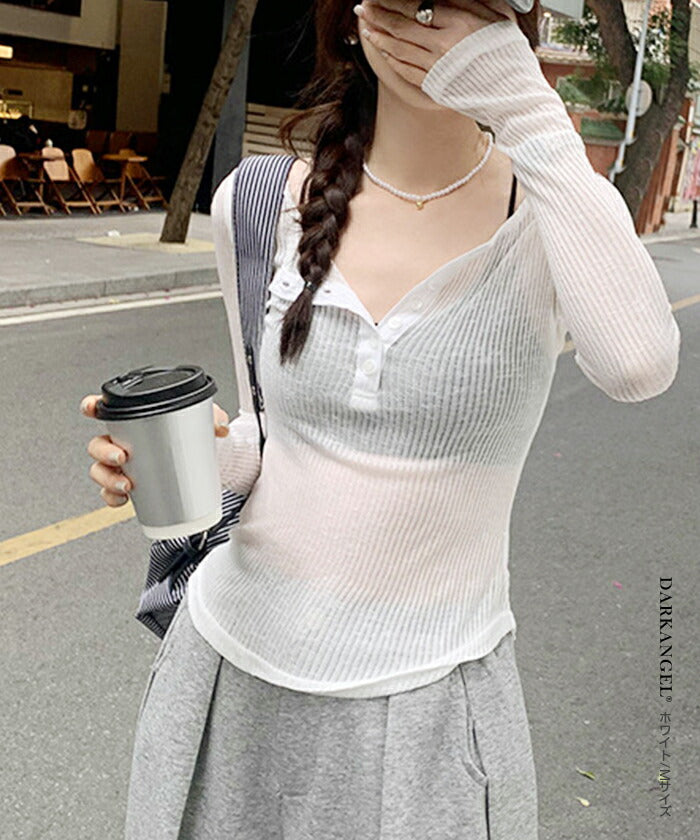 リブシアーヘンリーネックトップス