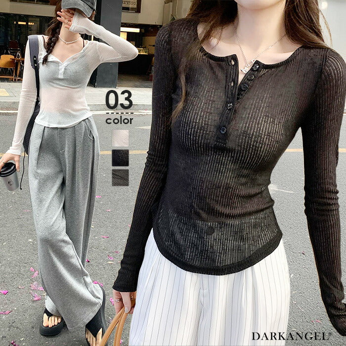 リブシアーヘンリーネックトップス