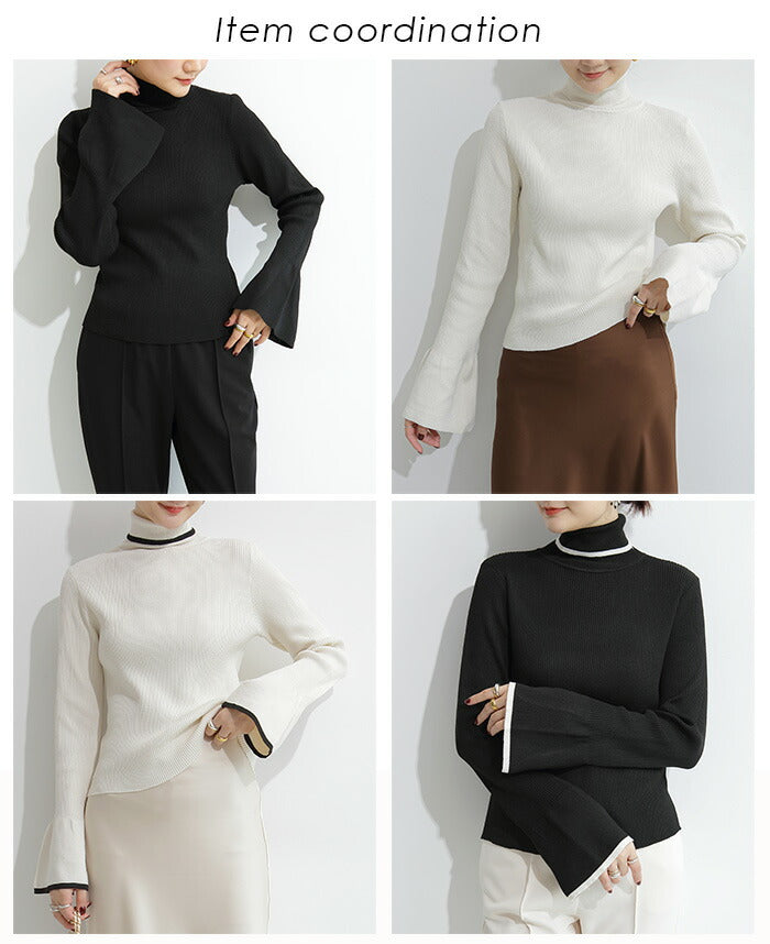 配色フレアスリーブニットトップス