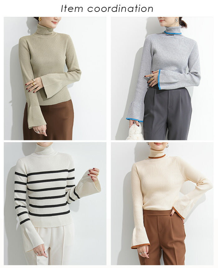 配色フレアスリーブニットトップス