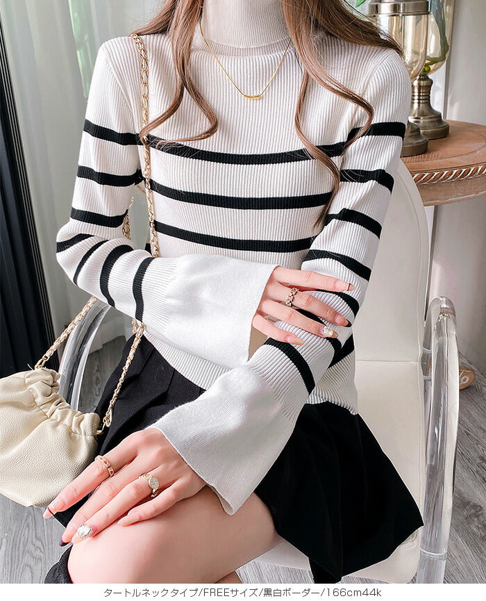 配色フレアスリーブニットトップス