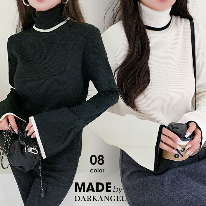 配色フレアスリーブニットトップス