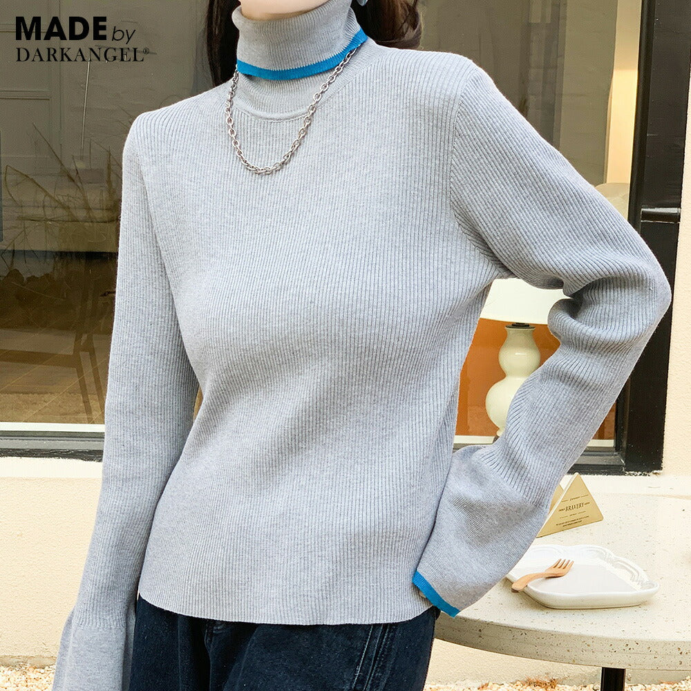 配色フレアスリーブニットトップス