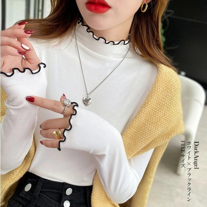 元祖裏起毛 モックネックニット|もっちりシャギー×リブ ハイネック フリルトップス