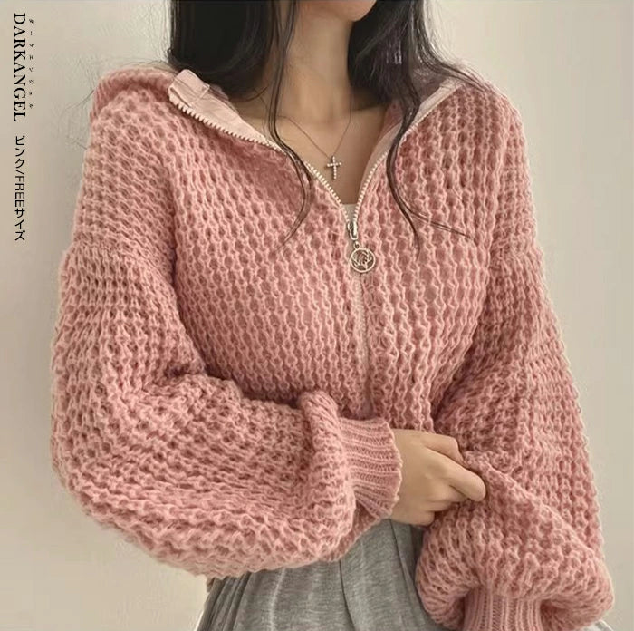 ワッフル編みニットパーカー