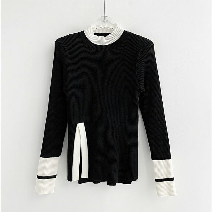 ハイネック配色ニット