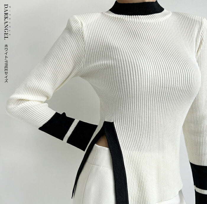 ハイネック配色ニット
