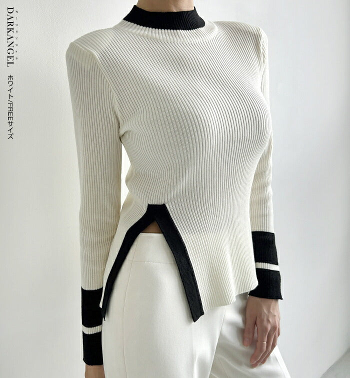 ハイネック配色ニット