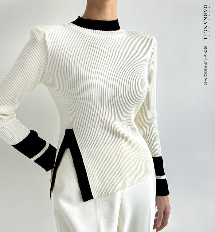 ハイネック配色ニット